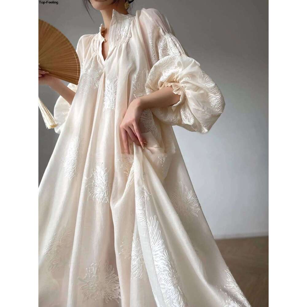 France Elegant Lantern Sleeve Embroidery Midi Dress for Women Spring Autumn New V Neck Lace Up Vestidos Korean Vintage Clothes