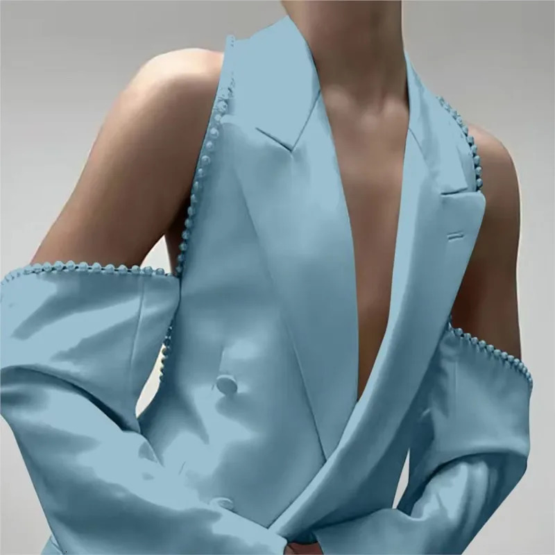 2005 Womens Sexy White Suits Spring Fall Offshoulder Beaded Sleeves Deep Vneck Fashion Suit Jacket For Women Streetwear 250610