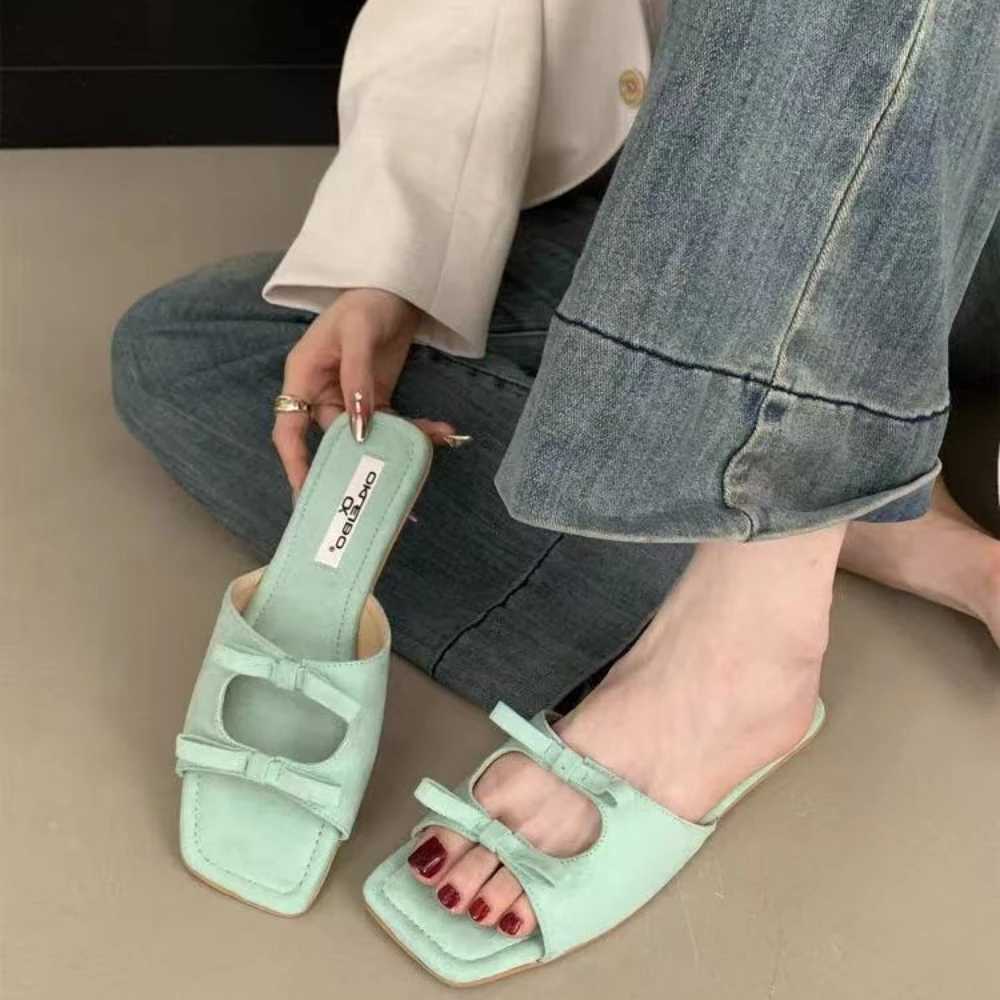 Fi Butterfly-Knot Ladies Flats Slippers Shoes Female Square Toe Summer Beach Slides Slippers Sandals Shoes For WomenXJ250610