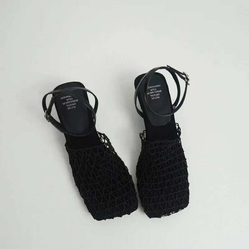 2024 Summer Designer Women's Lace Mesh Square Toe Shallow Narrow Strap Braided Slip-on High Heels Sandals