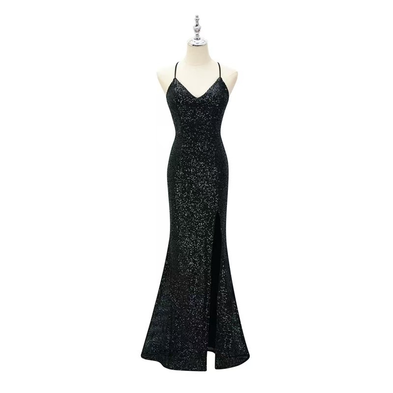 New sequined evening gown, sexy backless strap, European style long floor-length fishtail floor-length, hostess banquet, red color
