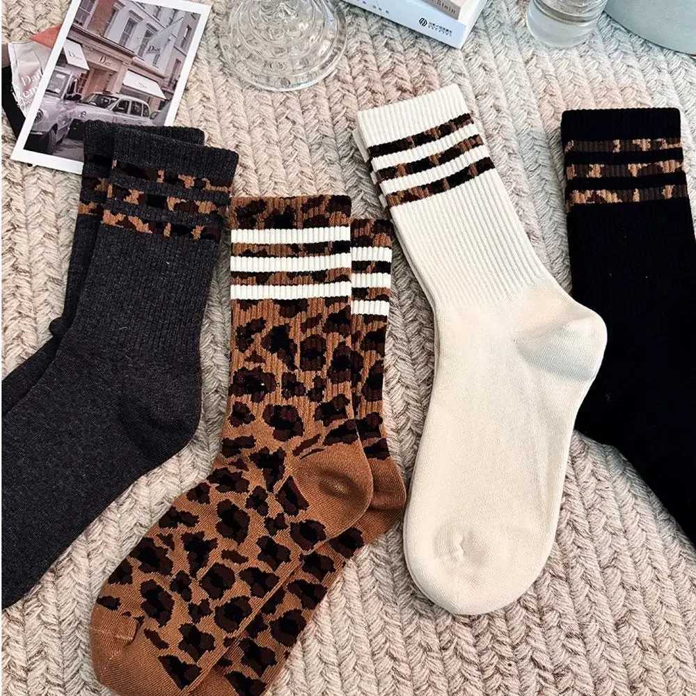 4 Pairs Women Leopard Socks Cotton Sports Socks Y2k Student Socks White Lolita Harajuku Girl Funny Socks Z250610
