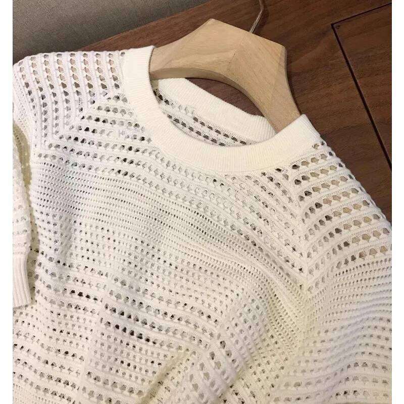 Sandro Quality Thin Hollow out Knitted Short Sleeve Women's T-Shirt Crew Neck Summer Lightweight Fashionable Casual Top