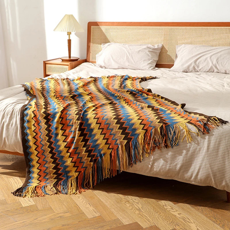 Retro Bohemian Knitted Striped Blanket Soft Plaid Blanket Sofa Decorative Throw Blankets with Tassel Blankets for Bed Bedspread 250604