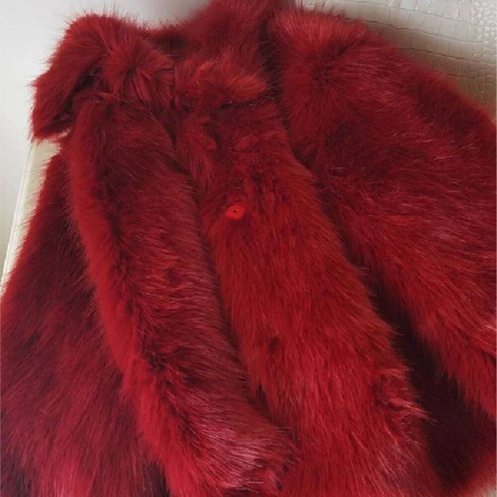 Winter Red Turn down Collar Lapel Hairy Shaggy Soft Faux Fur Coat Women Full Sleeve Furry Warm Jacket Short Outerwear