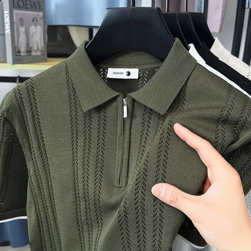 Vintage Striped Ice Silk Knit Polos Mens Summer Casual Breathable Slim Polo Shirts Men Trendy Solid Color Short Sleeve Tops 250610