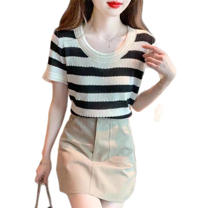 KC145 Retro striped shoulder t-shirt women's short-sleeved design niche hollow ice silk knit sweater top clothes
