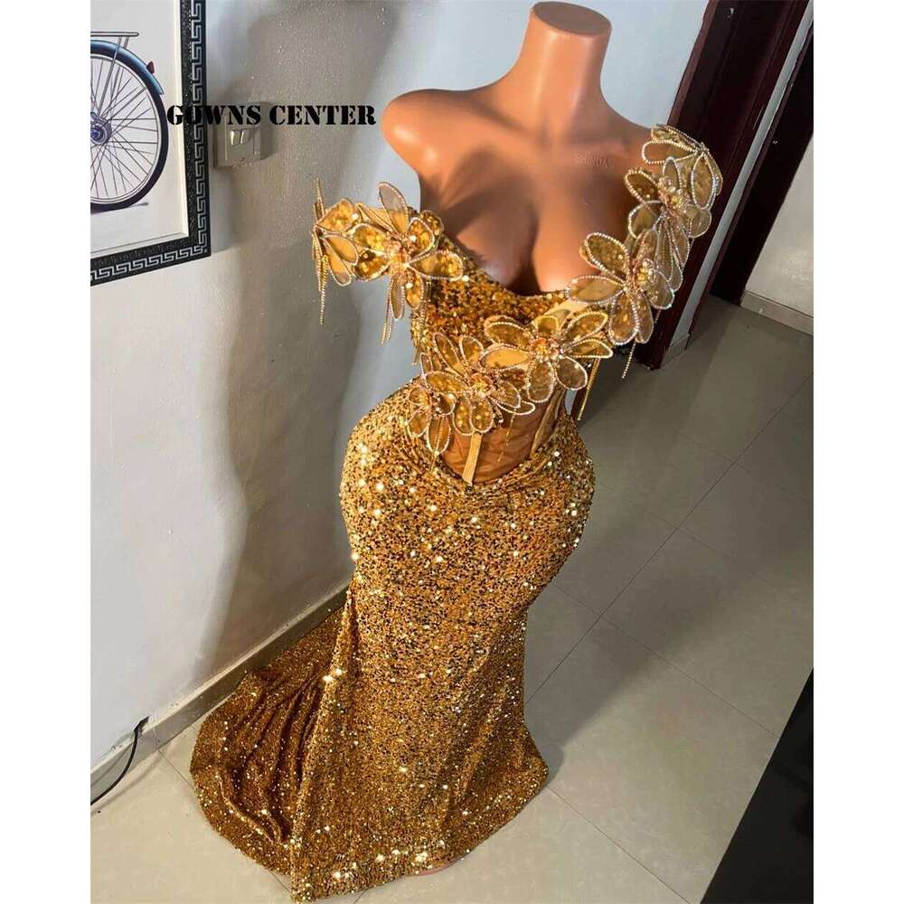 Sparkle Golden Aso Ebi African Evening Dresses Ruched Off The Shoulder Mermaid Formal Party Gowns Women 2025 Customized
