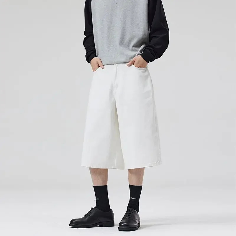 100% Cotton White Jeans Summer Mens Shorts Baggy Wideleg Casual Calflength Denim Pants Oversized Loose Fashion Streetwear 250610