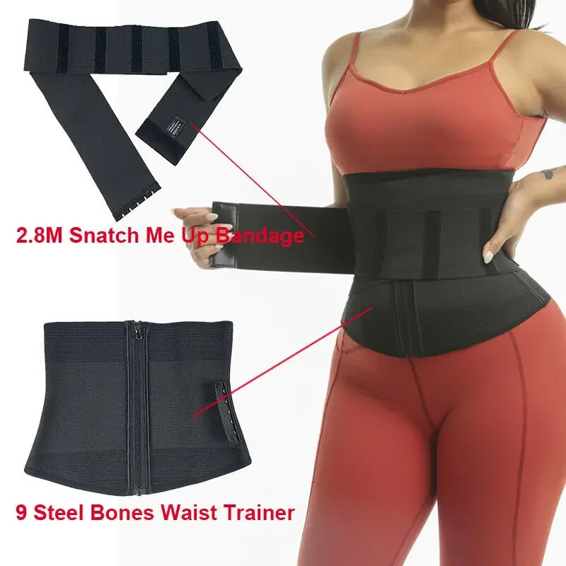 9 Steel Bones Waist Trainer Corset Shaper Adjustable Belly Tummy Control Snatch Me Up Wrap Stretch Bands Slim Body Women 250610