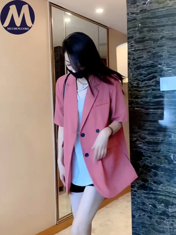 Slim Fit Short Sleeved Blazer for Women Thin Suit Coats Casual Loose Blazers Office Tops Korean Fashion Summer 250610
