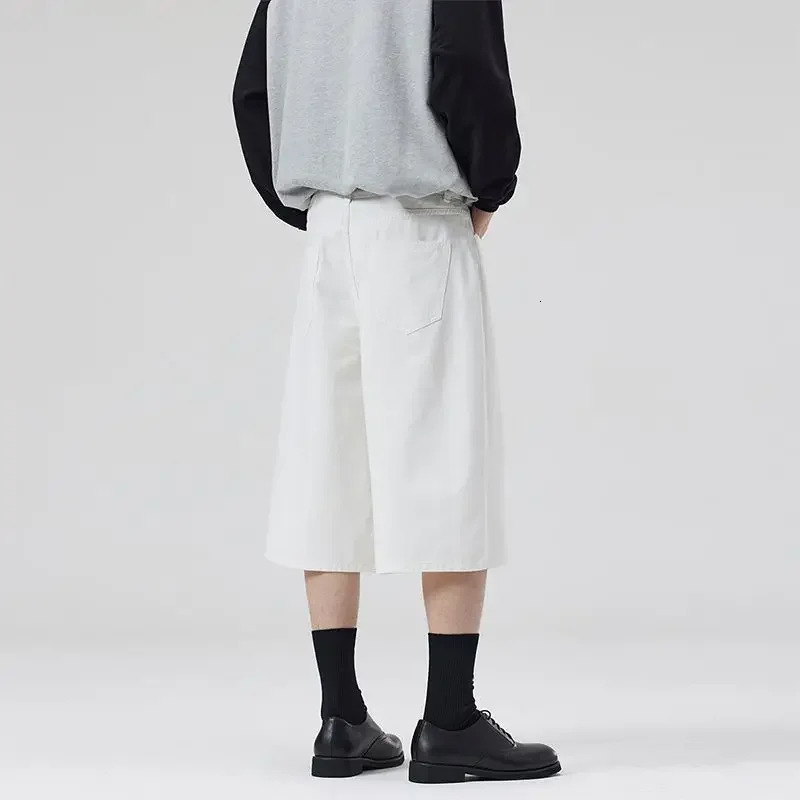 100% Cotton White Jeans Summer Mens Shorts Baggy Wideleg Casual Calflength Denim Pants Oversized Loose Fashion Streetwear 250610