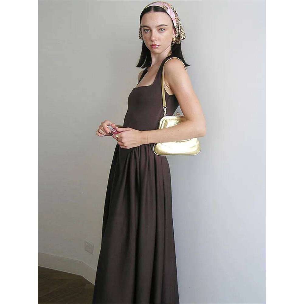 Solid Casual Women Skinny A-line Dresses Cozy Square Neck Backless Sleeveless Ruffle Patchwork Robe 2025 Summer Lady Streetwear