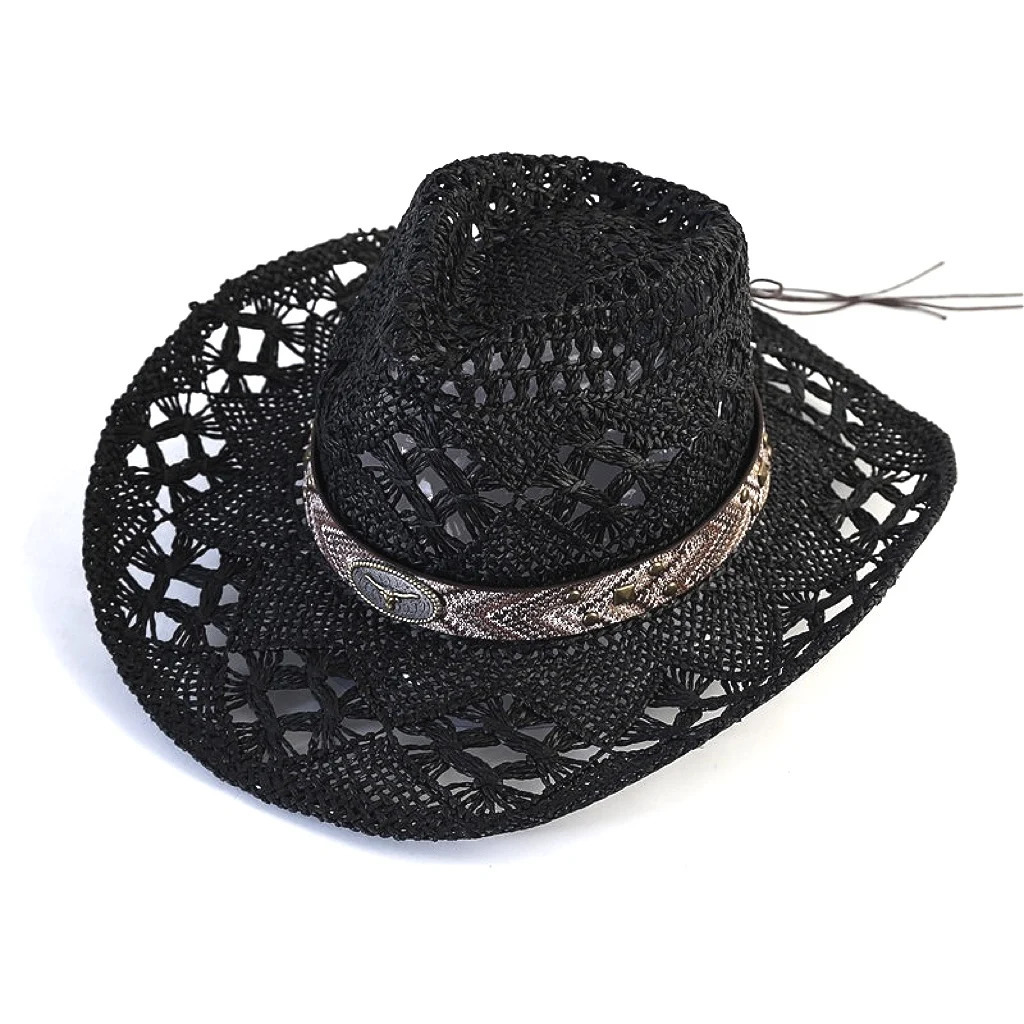 Cowboy Straw Hat for Women Men Summer Handmade Classic Hollow Out Western Curled Wide Brim Sun Hat Fishing Hat Climbing Cap 250606