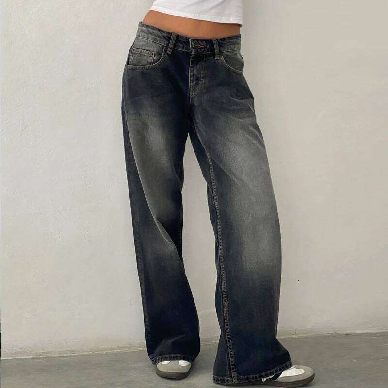 Maemukilabe Women Y2K Aesthetic Low Rise Baggy Jeans Loose Fit Boyfriend Straight Wide Leg Denim Pants Trendy Stretch Trousers
