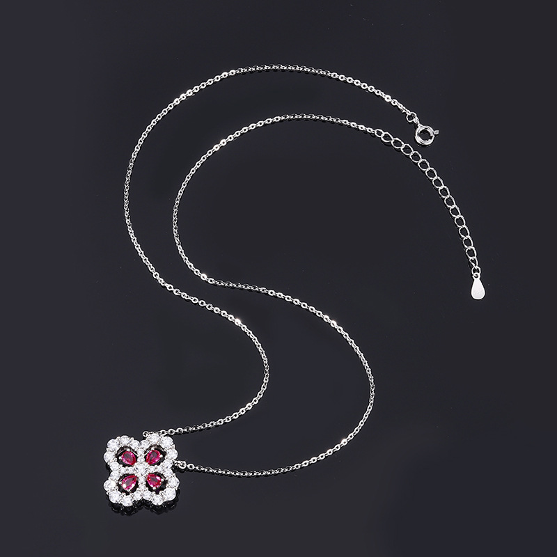 S925 Silver Faux Pigeon Blood Ruby Full Diamond Four-Leaf Clover Pendant Necklace, Exquisite Fashion Design, Perfect Women's Jewelry Collection