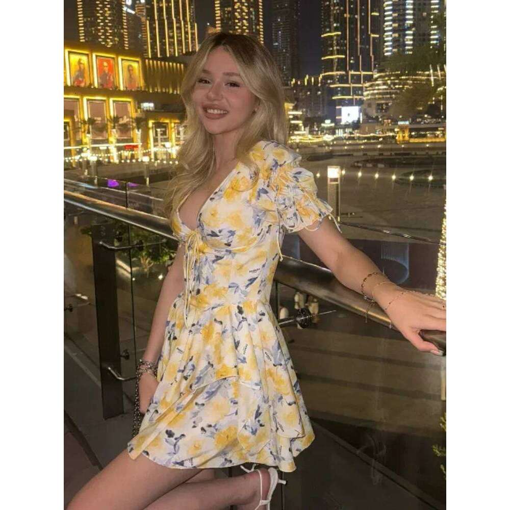 Sexy Flower Printed Women Mini Dress Fashion V-neck Puff Short Sleeve A-line Dresses Summer Lady High Waist Slim Party Club Robe