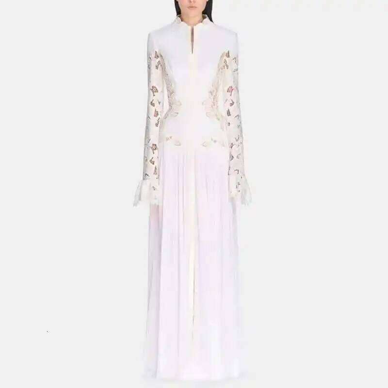 QMQA Fashion Women's Dress Niche Design Hollowed Out Lace Splice Flare Sleeve High Waist Elegant Maxi Dresses 2025 New QM326