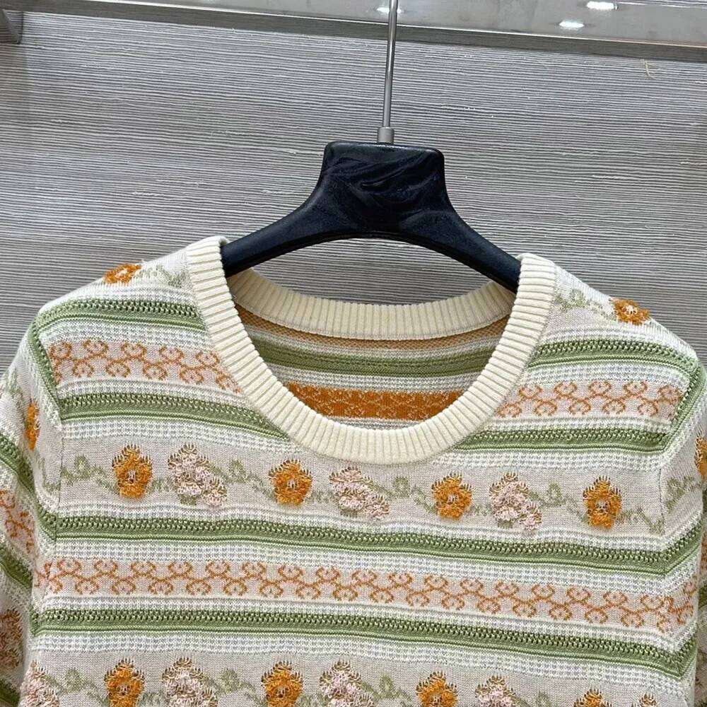 3D flowers jacquard holiday knitted short sleeve tops 2025 spring summer o-neck pullover jumpers
