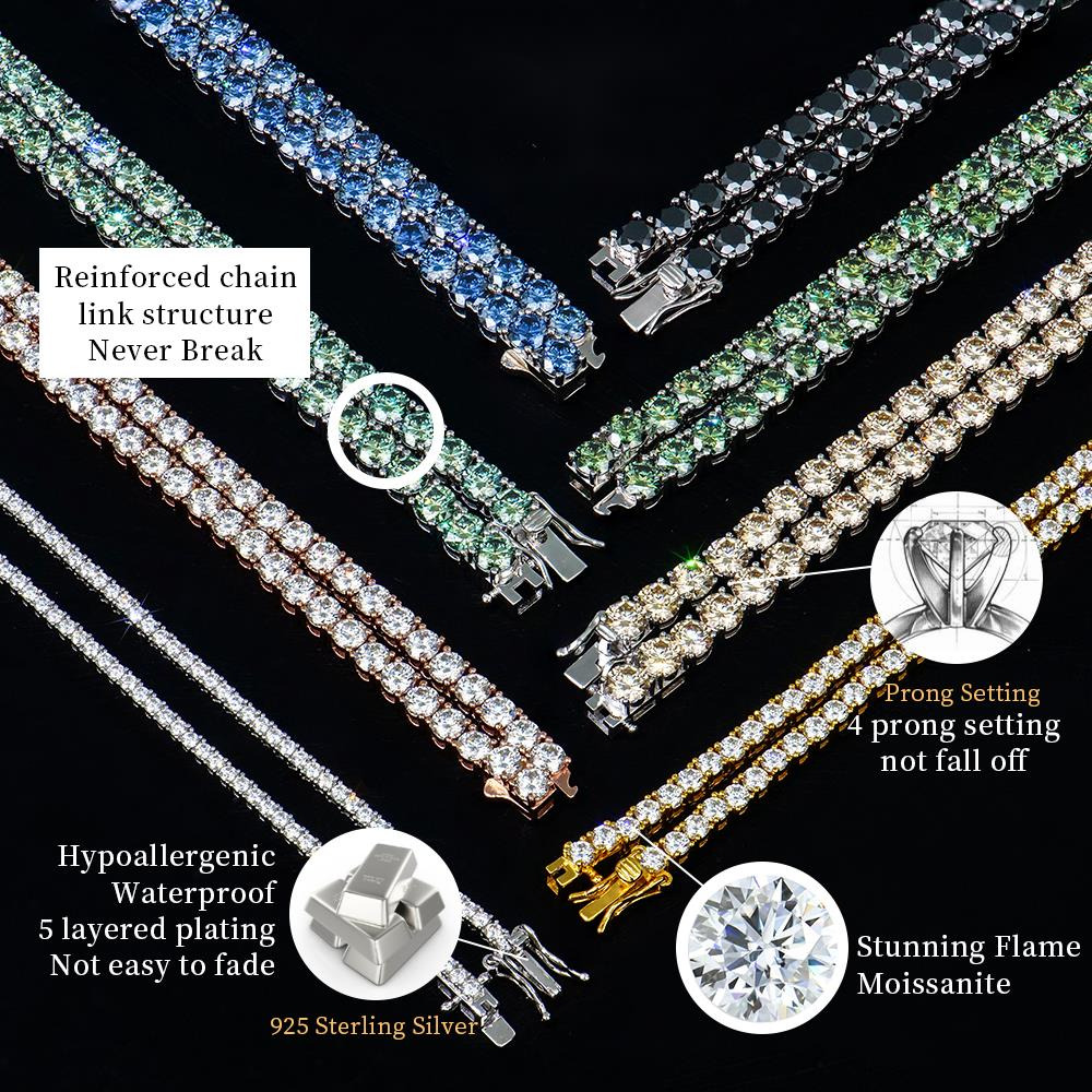 OACOCA 925 Silver Necklace Rhodium Plated Round Brilliant Cut Black Champagne Royal Blue Original Color Moissanite Tennis Link Chain