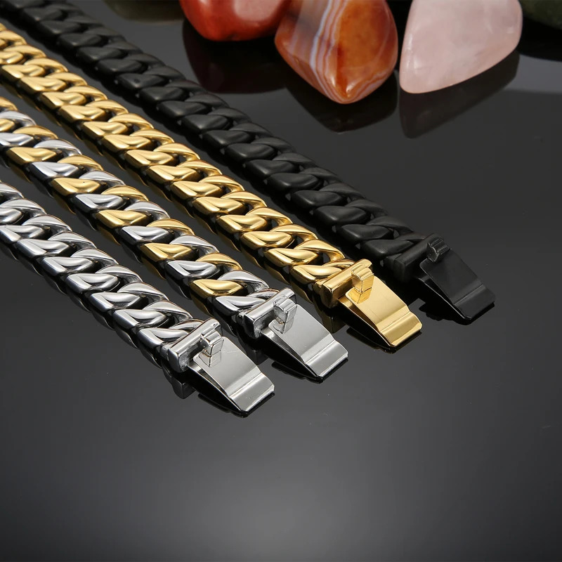12mm Men Cuban Bracelet 18-22cm Length Stainless Steel Bracelet Silver/Black/Gold Colour Curb Cuban Link Chain Unisex Bracelet 250610