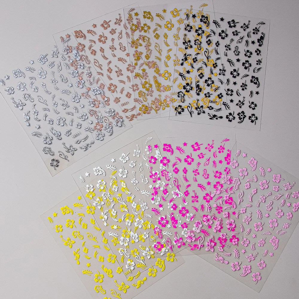 1pc 3D Hibiscus Flowers Nail Sticker White Black Flower Petals Adhesive Decals Pink Golden Floral Slider For Art Decoration 250605