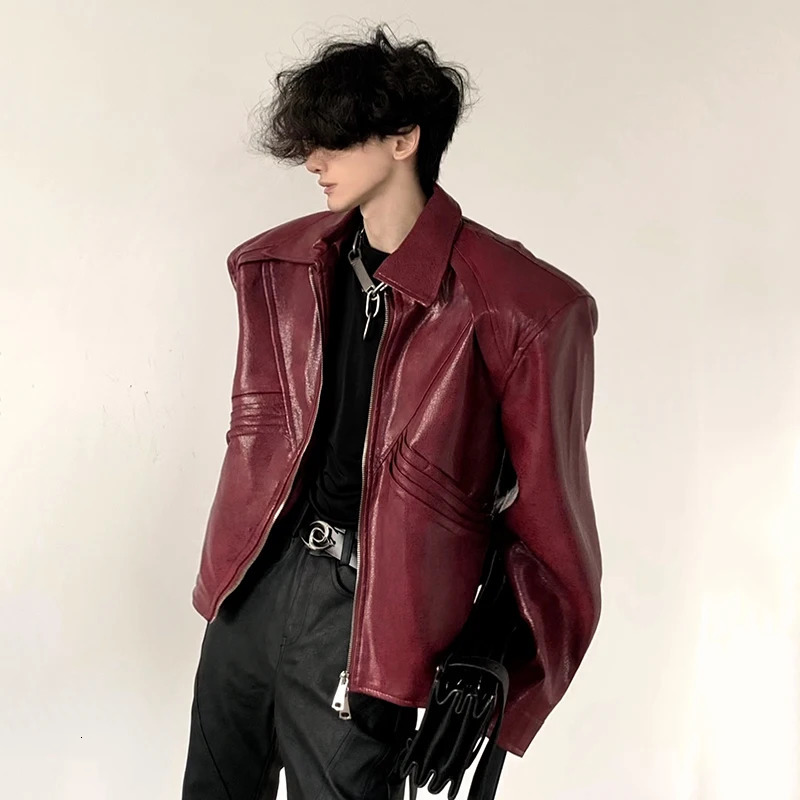 FEWQ High Street Mens PU Leather Coats Lapel Solid Color Pleated Shoulder Pads Menswear Loose Male Jackets 24K3041 250611