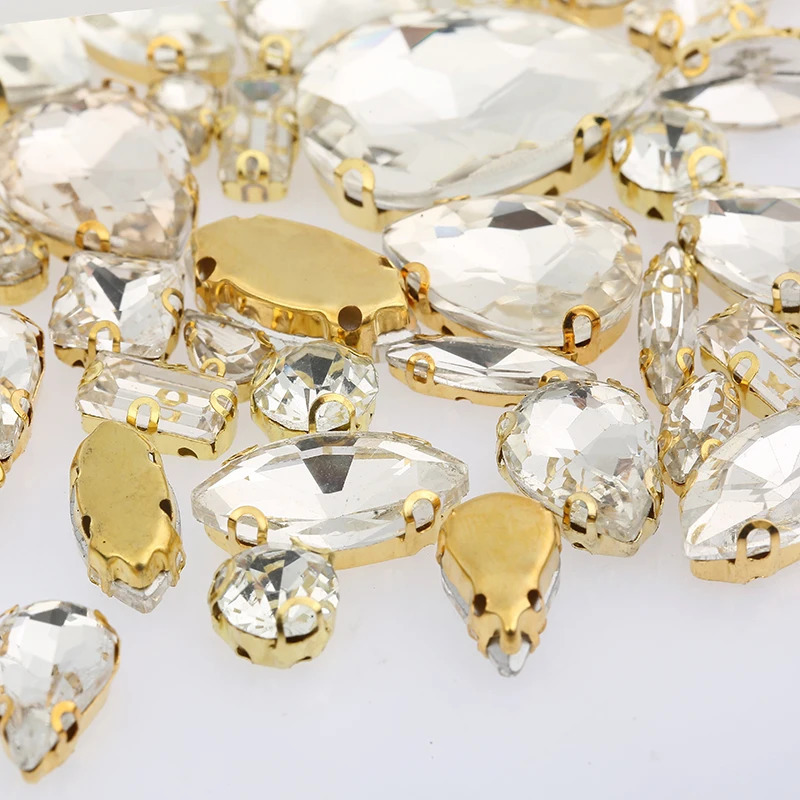 PEESOM 60pcsbag Mixed Shape Crystal Glass SliverGold Claw Flatback Clear Sew On Stone Dress Shoes DIY Accessories 250606