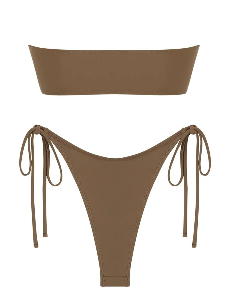 Solid O Ring Swimsuit For Women Tie Side Shiny Metal Hardware Bandeau Bikini Swimwear Padded Bra Top Low Waisted 250609