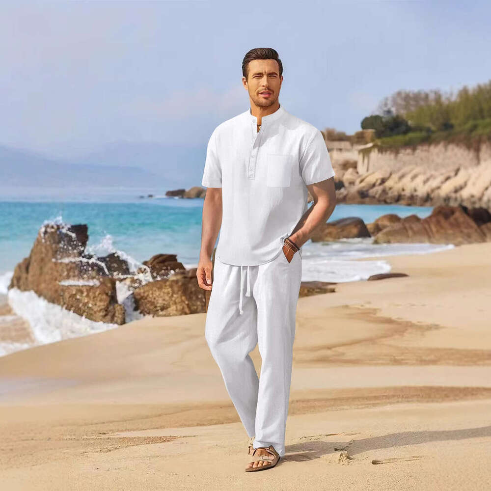 Spring/Summer New Men's Loose Casual Cotton Linen Short Sleeve Long Pants Set B5