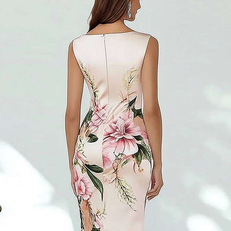 Elegant V Neck Commute Lady Dresses Retro Floral Print Slim Hip for Woman 2025 Summer Sleeveless Back Zipper Holiday Dress
