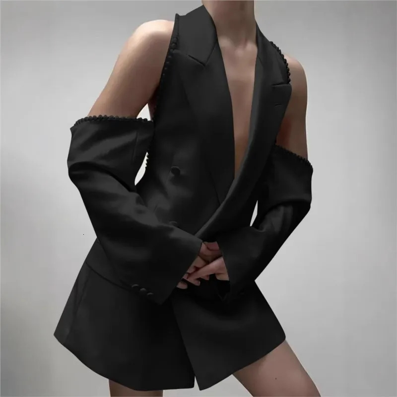 2005 Womens Sexy White Suits Spring Fall Offshoulder Beaded Sleeves Deep Vneck Fashion Suit Jacket For Women Streetwear 250610