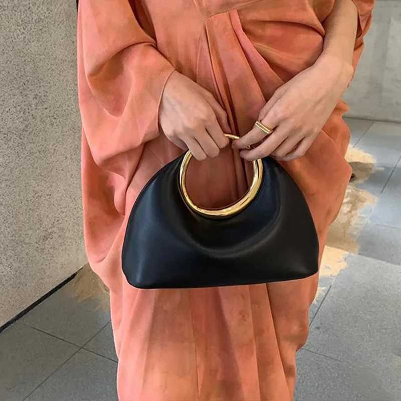 Metallic Round Handle Handbag Luxury Designer Bags for Women Soft PU Leather Shoulder Bag 2025 Half Moon Cloud Clutch B250618