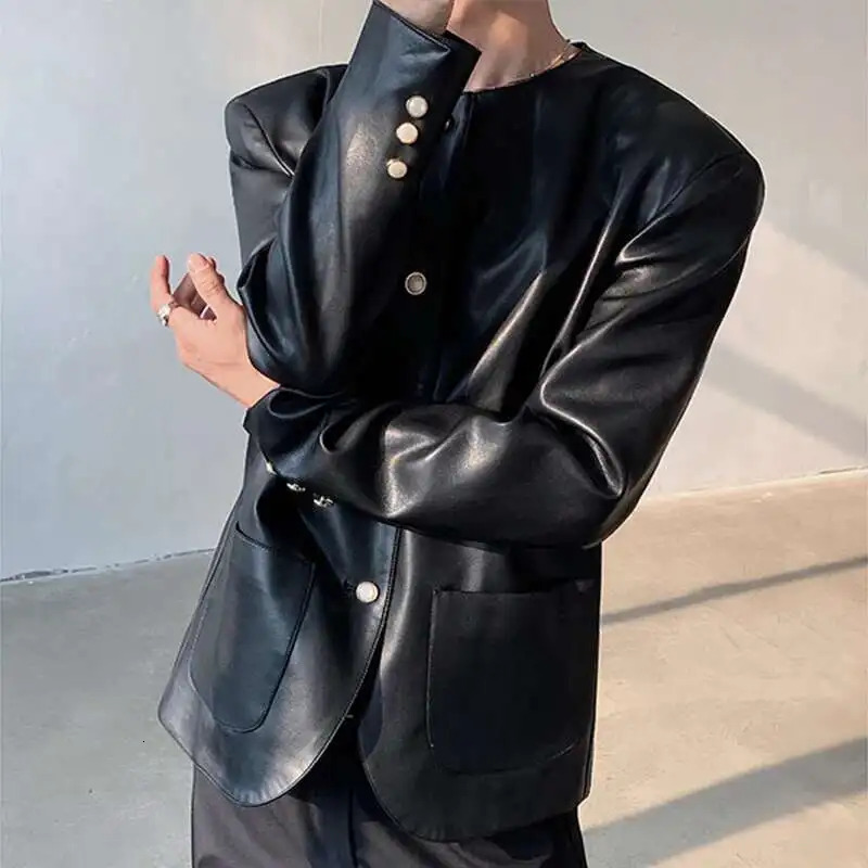 IEFB Spring Trendy Mens Pearl Button Slim Fit PU Leather Jacket Round Collar Korean Style Men Single Breasted Jackets 9W968 250611