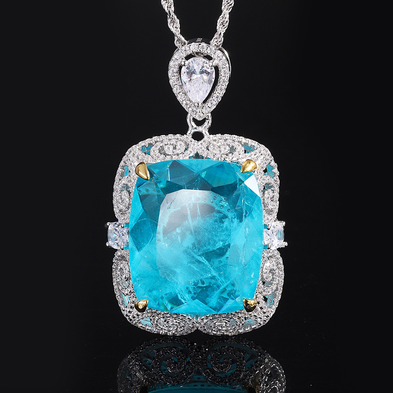 S925 Silver Faux Emerald Paraiba Rectangular Pendant Necklace, Luxury Design 20x23mm, Stylish High-End Women's Jewelry, Perfect Gift Choice
