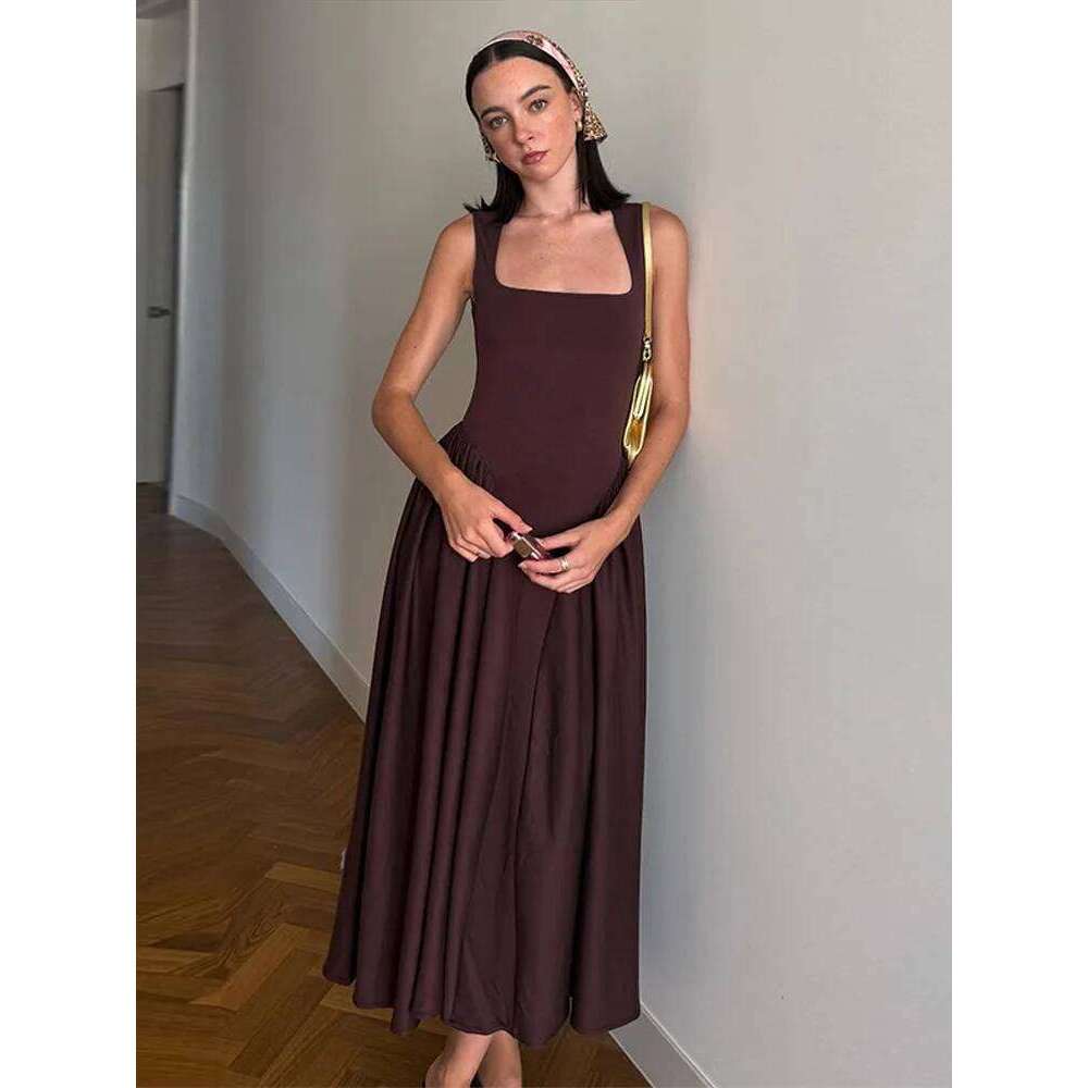 Solid Casual Women Skinny A-line Dresses Cozy Square Neck Backless Sleeveless Ruffle Patchwork Robe 2025 Summer Lady Streetwear