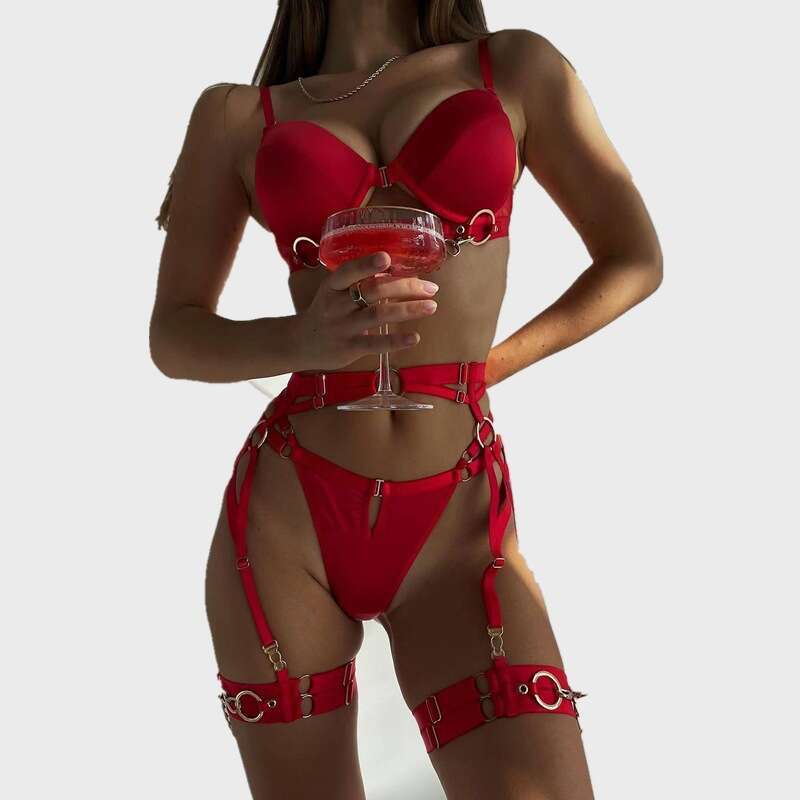 Spell Lingerie Porn Suits Metal Punk Style Large Bust Minimizer Sexy Hot Girl Leg Binding Temptation Lingerie Women S Four Piece Set Sexy Lingerie
