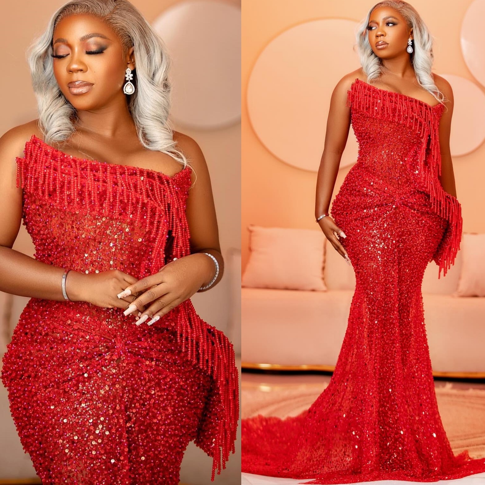 Red Mermaid Prom Dresses 2025 Tassels Sequined Strapless Evening Formal Party Second Birthday Engagement Gowns Plus Size Dress For Special Occasions