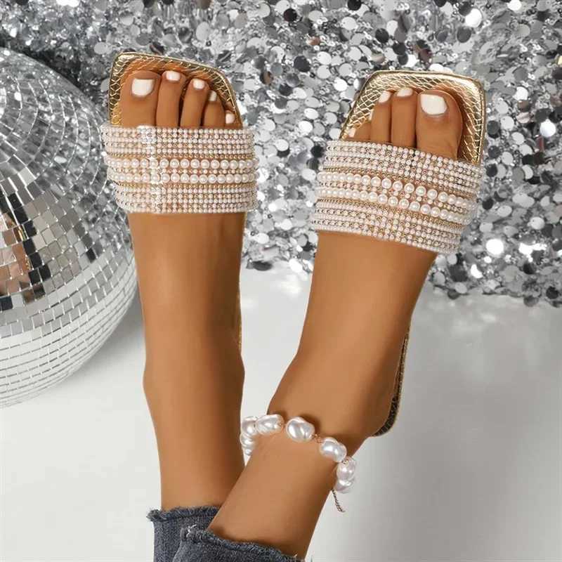summer reliable sexy light casual womens shoes large size comfortable square head pearl decorated solid color flat slippers XJ250610