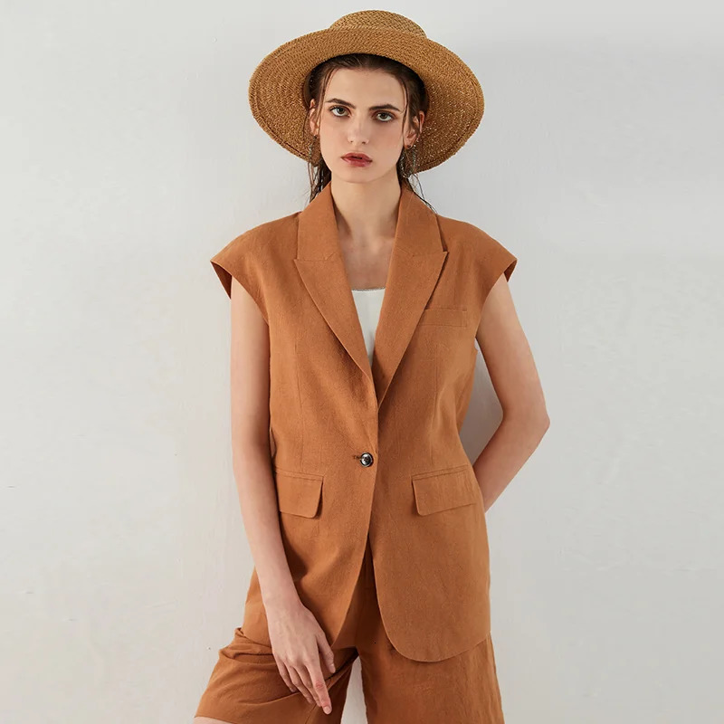K1444L y Womens Clothing Summer 55% Linen 45% Cotton Ladies Suit Casual Blazer Clothes Vest 250610