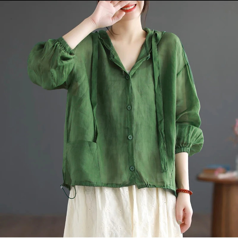 Thin section of cotton hemp hoodie female summer fashionable and elegant loose casual beach air conditioning sunscreen tops 250610