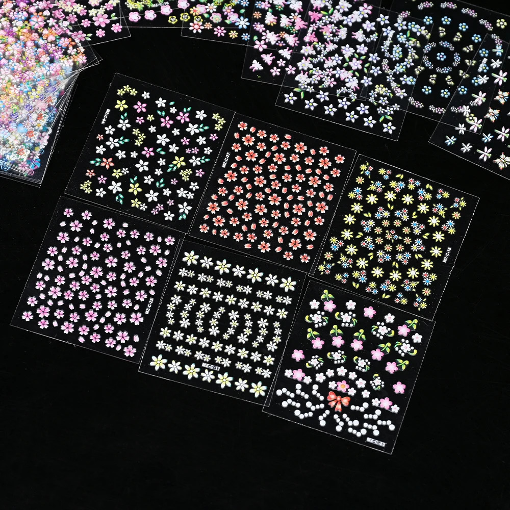 3D Colorful Flowers Cherry Blossoms Rose Daisy Nail Decals 2030607090pcs Cute Heart Sticker Manicure Decoration 556cm 250605