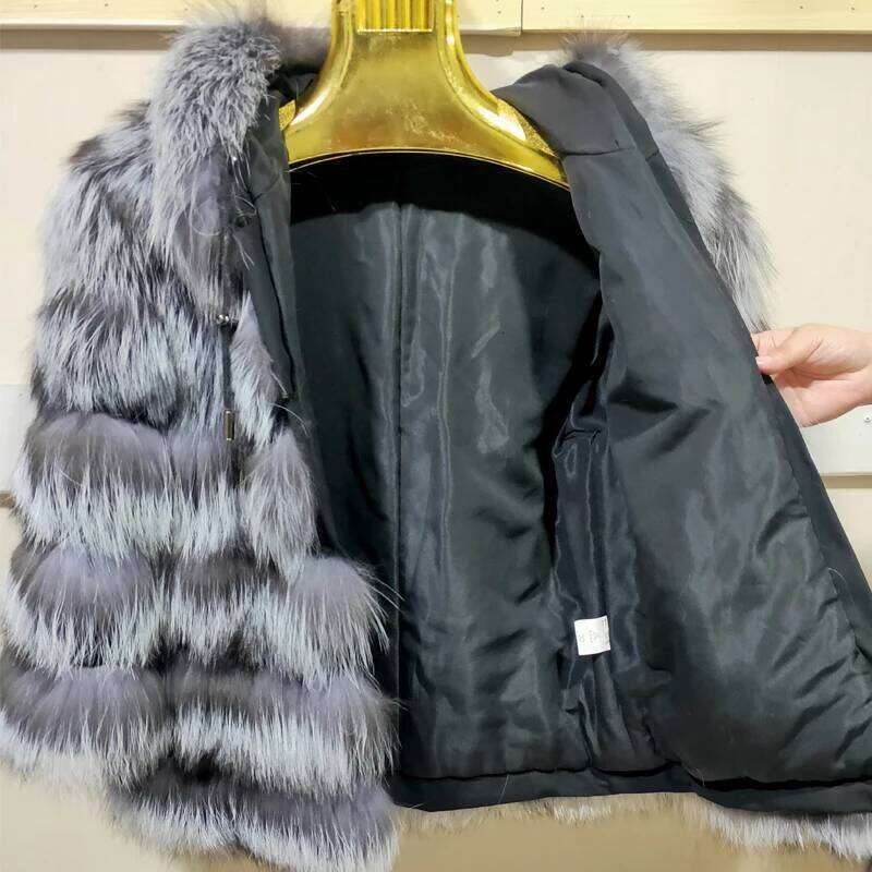 Genuine Real Natural Raccoon Sier Fox Fur Hoodie Jacket Winter Warm Women's Clothing Length 60 Cm