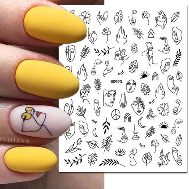 3d Nail Art Stickers Geometric Lines Faces Love Hearts Letters Leaves Stars Adhesive Sliders Decals Decoration For Manicure 250605