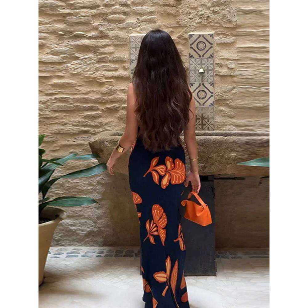 Flower Print Strapless Dress For Women Casual Backless Slim Fit High Waist Female Maxi Robe 2025 Summer Lady Daily Streetwear