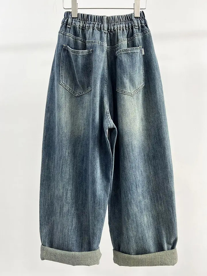 Plus Size 5XL 140kg Womans Denim Trousers Summer Wide Leg Pants Elastic Waist Leisure Ladies Pocket Trousers 250609
