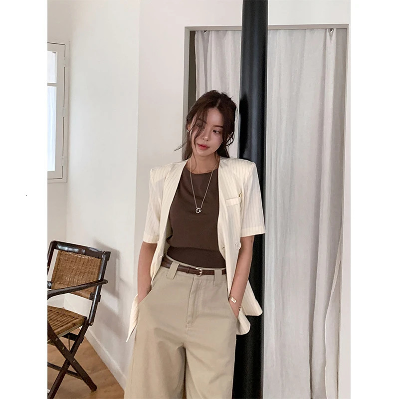 Elegant Striped Blazer Women Fashion Black Lace Up Suit Jackets Korean V Neck Outerwears Summer Office Ladies Short Sleeve Coats 250610