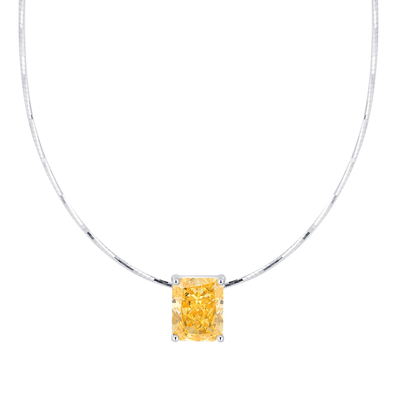 Elegant 925 Sterling Silver Lock Pendant Necklace with Yellow High Carbon Diamond, 8x10mm Gemstone for Women