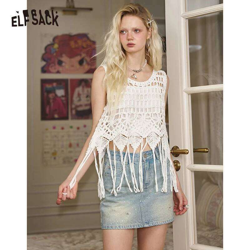 ELFSACK 2025 Summer New Arrivals Hollow Out Suspender Knitted Chic Sweater For Women