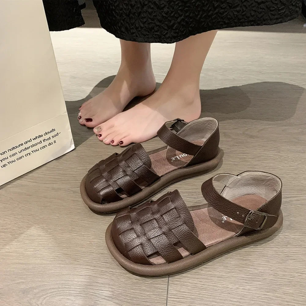 Womens Summer Zapatillas De Mujer Shoes Square Toe Flat Sandals Leather Women Gladiator Sandals Slip on Ladies Beach Shoes 250609